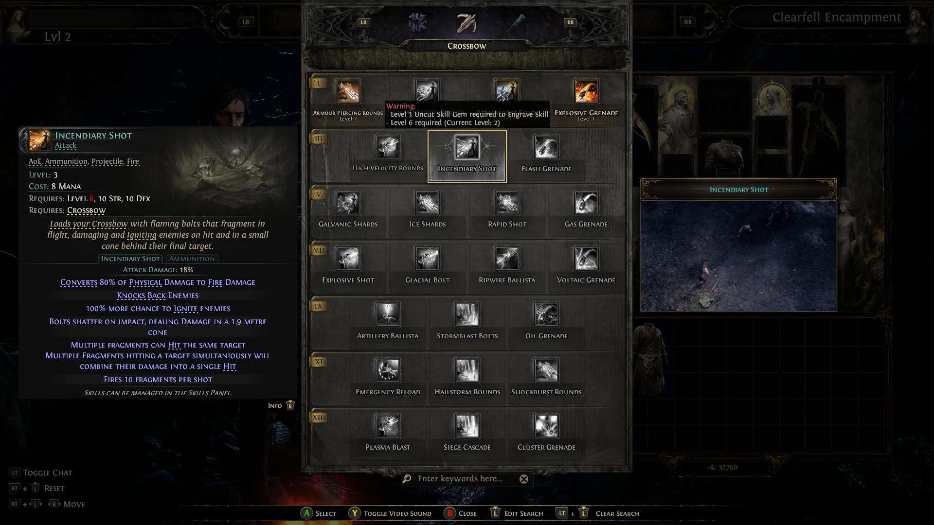 Screenshot showing Mercenary's Incendiary Shot skill in Path of Exile 2.